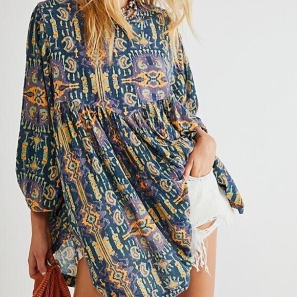 Free People XS This Is It Tunic Top Oversized Long Sleeve Billowy Blue Orange - Picture 10 of 10